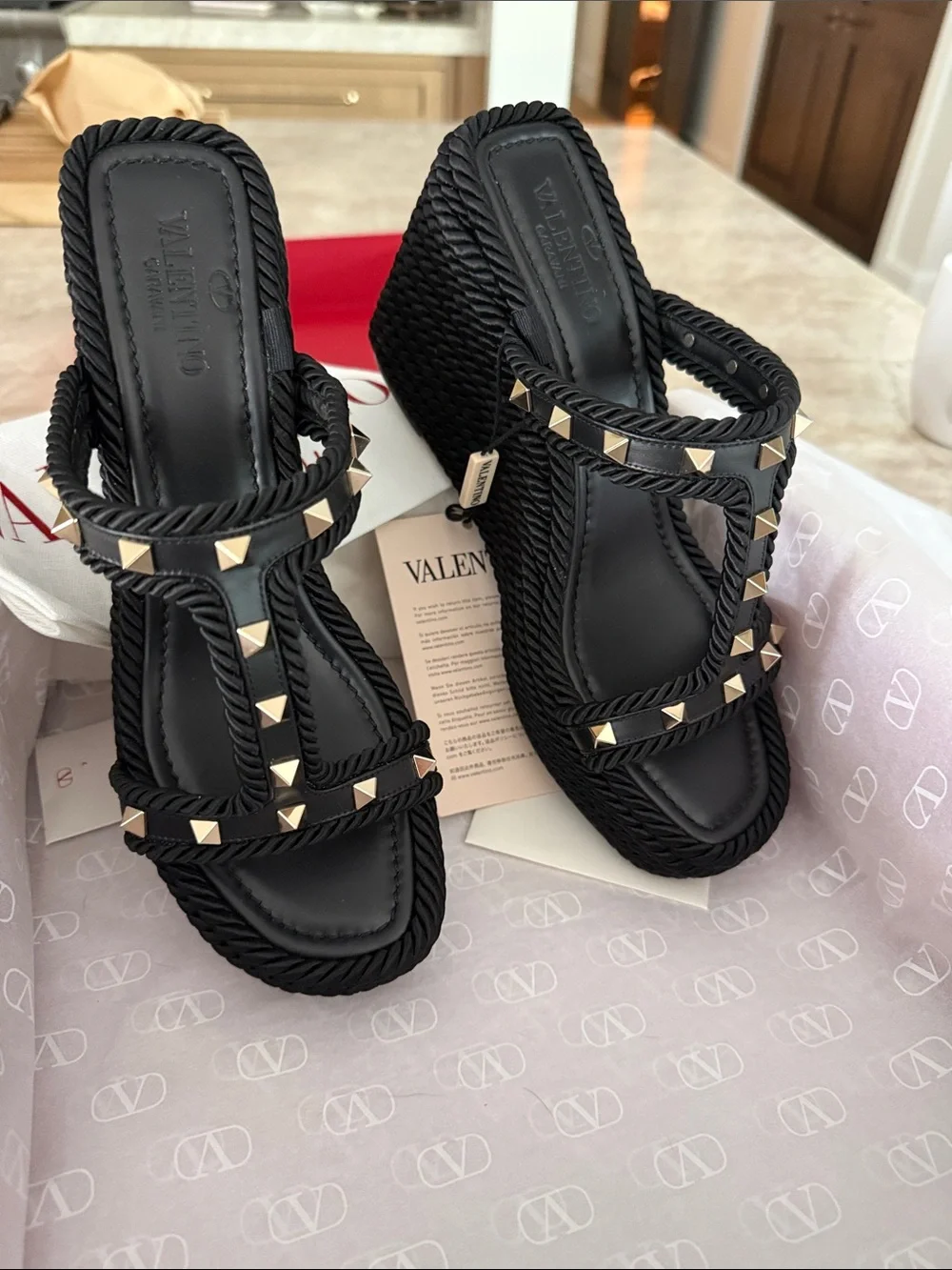 Valentino Black Rope Studded Wedge Sandals